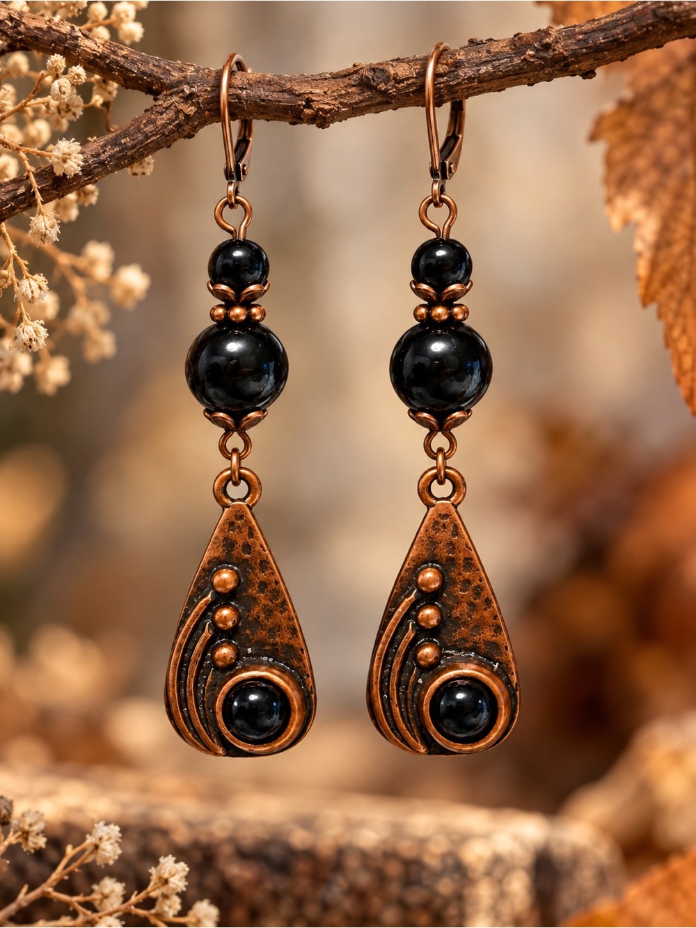Black Bead Antique Copper Teardrop Earrings, Boho Dangle Jewelry